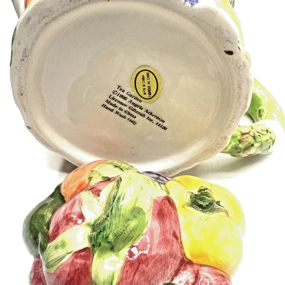 Vintage Angela Akerman Tea Garden Teapot Giftcraft Picnic Basket Fruit Veggie
